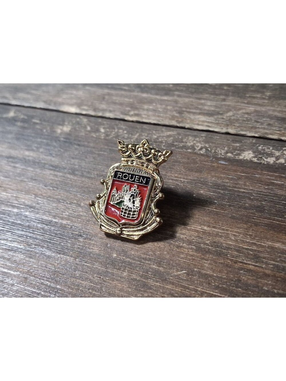 Vintage French Coat of Arms Rouen Crest Crown Pin Gold Tone Enamel